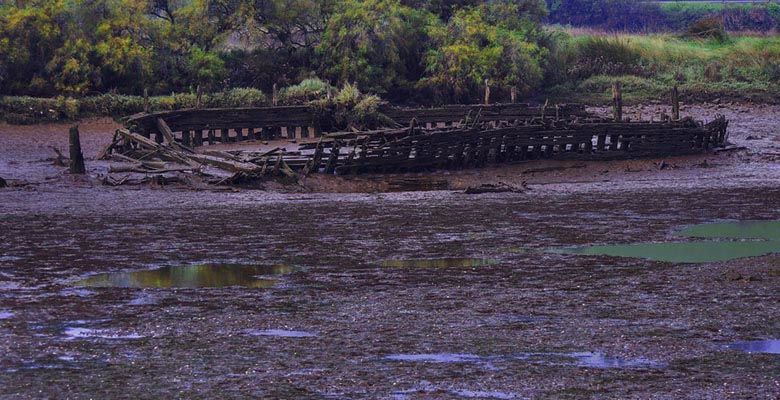 Esqueleto de una antigua gabarra de El Gaitero en la ría de Villaviciosa