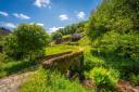 An old stone bridge crosses a stream between green meadows and abundant vegetation
