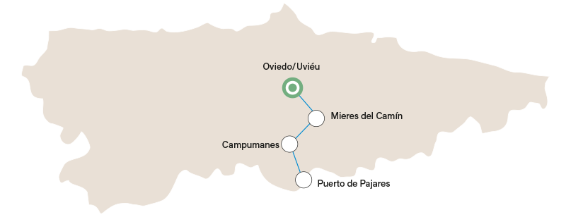 Image of the map of Asturias with the route and stages of the Camino de El Salvador.