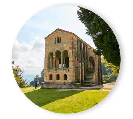 Exterior of Santa María del Naranco, an example of Asturian perromanesque architecture and its surroundings.