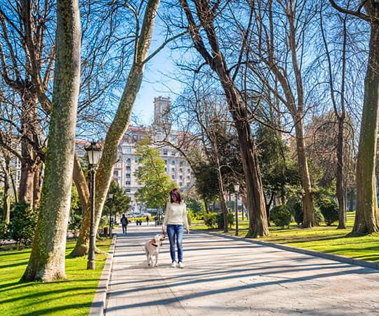 Mujer paseando con un perrro en un día soleado por un paseo del parque San Francisco de Oviedo
