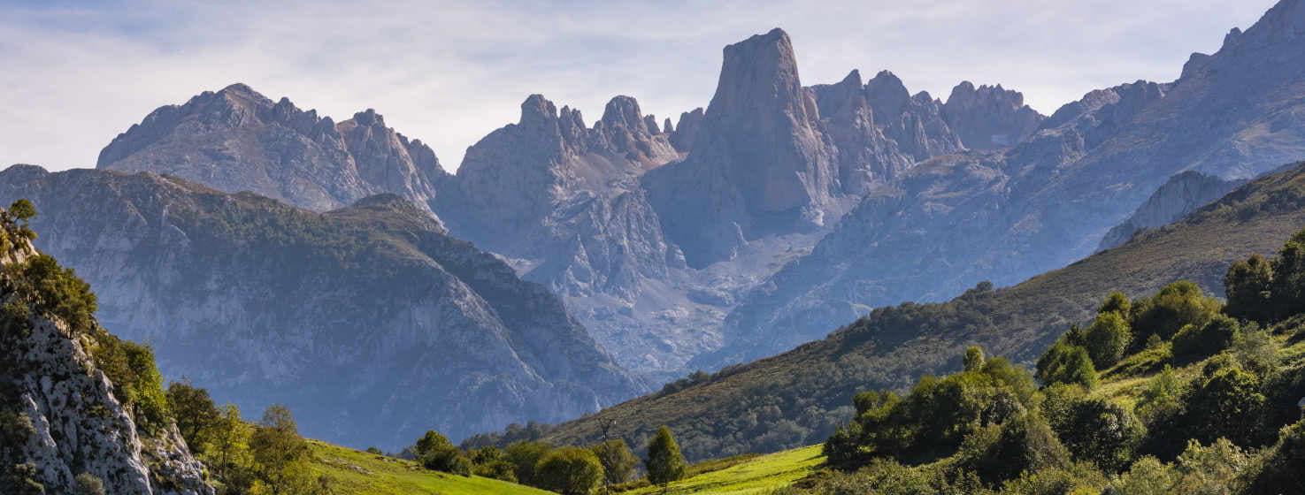 Picture of the central massif of the Picos de Europa, with the Naranjo de Bulnes or Pico Urriellu standing out in the image. The grey colours of the limestone of the peaks contrast with the different greens of the meadows of the lower areas in the foreground. Some trees and bushes adorn the fields. The whitish blue sky of the fragile clouds.