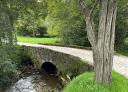 Romanesque stone bridge over the Espioña stream, surrounded by trees.