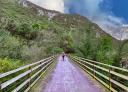Hiker crossing a wooden bridge over the river Trubia on the Senda del Oso (Bear Trail).
