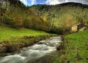 Whitewater river between meadows and forest with stone hut