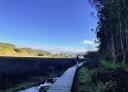 Hiker walking along the wooden footbridge by the Eo estuary