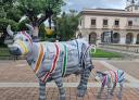 Sculptures of cows and calves painted with urban scenes in Vegadeo square.