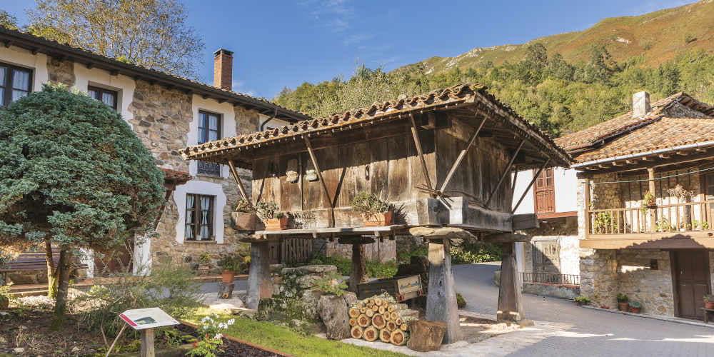Hórreo en el centro de Espinaréu con troncos apilados en la parte baja y macetas en su corredor, junto a un árbol pequeño; detrás se levanta una amplia casa de piedra de dos plantas y otras construcciones rurales, con montañas arboladas al fondo bajo un cielo azul despejado.