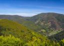Panoramic view of the Mirador de Montecin in Moal with landscape and green mountains.