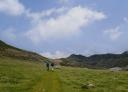 Hikers in a large green meadow with mountains in the background and blue sky with some clouds.