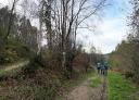 A family of hikers walking along a wooded path.