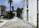 Hiker walking along a cobbled street with palm trees on either side and buildings in the background.