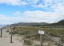 A sandy promenade with a wooden walkway in the background and ropes protecting the coastal vegetation.