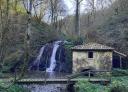 Alte Steinmühle inmitten des Waldes an einem schönen Wasserfall