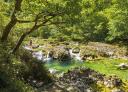 Waterfalls and natural pools, surrounded by lush green vegetation.