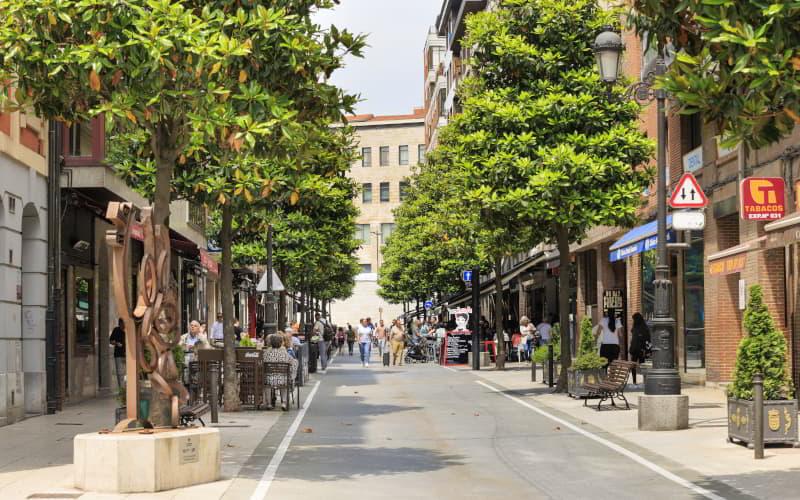 Calle de la Ruta de los Vinos en Oviedo, de ambiente peatonal y flanqueada por árboles a ambos lados; se distinguen terrazas de bares y sidrerías con mesas al aire libre y personas disfrutando del paseo, en un entorno urbano animado.