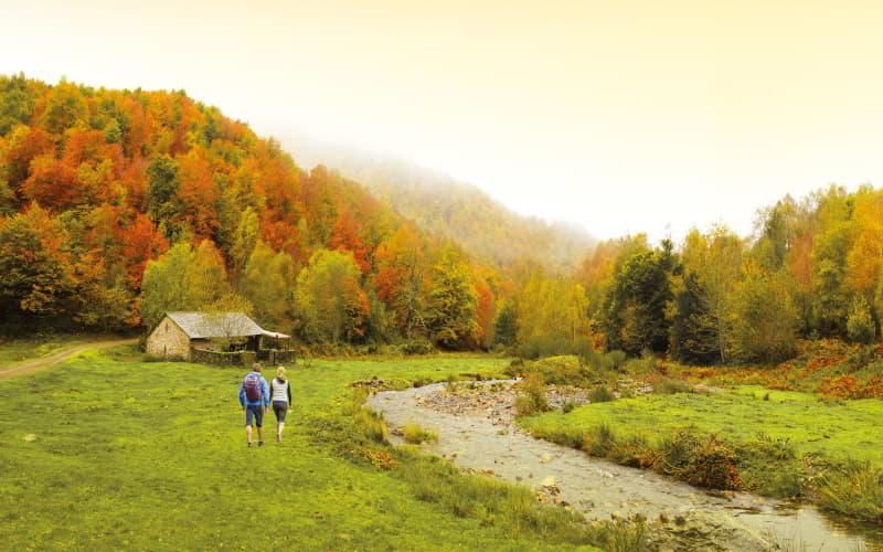 Hayedo de Hermo con una pareja de senderistas caminando junto a un riachuelo en dirección a una pequeña casa, rodeados de árboles en tonos otoñales naranjas, rojizos y verdes tenues; al fondo, las copas aparecen cubiertas por niebla bajo un cielo completamente nublado.