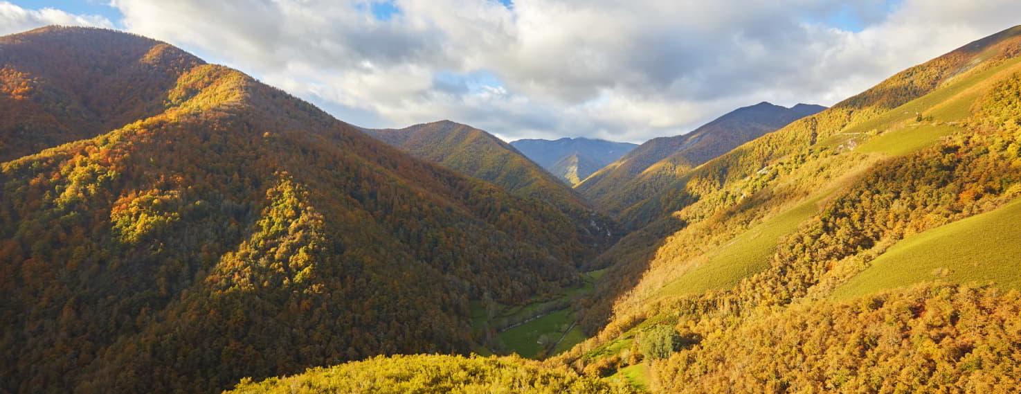 Vista panorámica del valle de Moal desde el mirador del Pico Luis, con laderas y bosques en tonalidades verdes mezcladas con amarillos y dorados, bajo un cielo parcialmente nuboso.