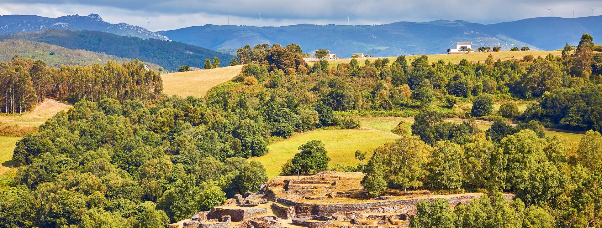 Vista panorámica del Castro de Coaña, con restos arqueológicos de estructuras circulares y murallas en primer plano, rodeados de prados verdes y arboledas. Al fondo se observan colinas y montañas bajo un cielo despejado.