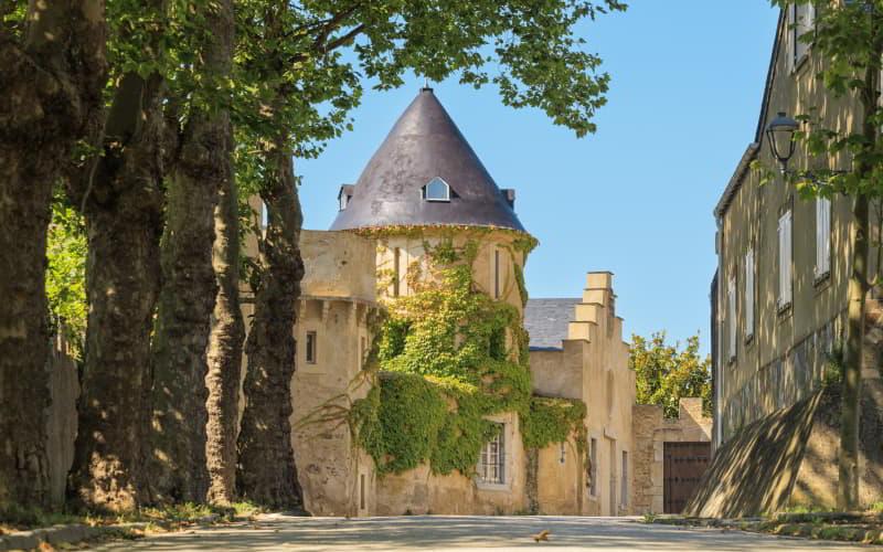 Fachada do Palácio de Figueras ou Pardo Donlebún, em Castropol, com uma torre circular coberta de hera e rodeada de árvores e edifícios históricos sob um céu limpo.