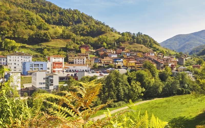 Vista general de Bárzana, con edificaciones de diferentes colores situadas en la ladera de un valle rodeado de montes cubiertos de vegetación. En primer plano se aprecian praderas verdes y un camino bajo cielo despejado.
