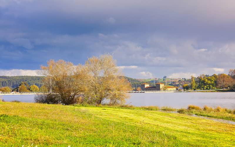 Vista da albufeira de Trasona com uma faixa de prado verde em primeiro plano e várias árvores de folha caduca ao longo da margem. Ao fundo, vê-se a extensa massa de água e edifícios industriais e residenciais sob um céu parcialmente nublado.