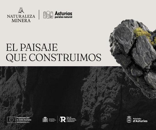 Photo of Pozo Sotón and its surroundings with the Asturias logo, mining nature in the foreground.