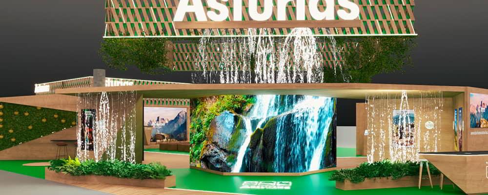 Main view of the stand showing the LED screens and the large main screen.