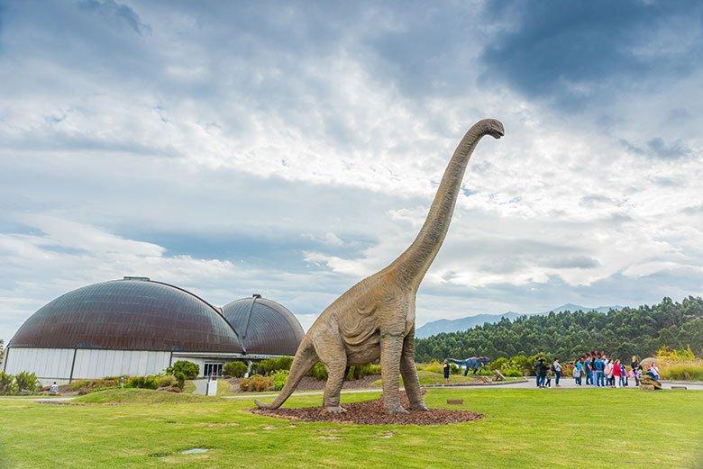 Image of a Brachiosaurus outside the Jurassic Museum of Asturias (MUJA).