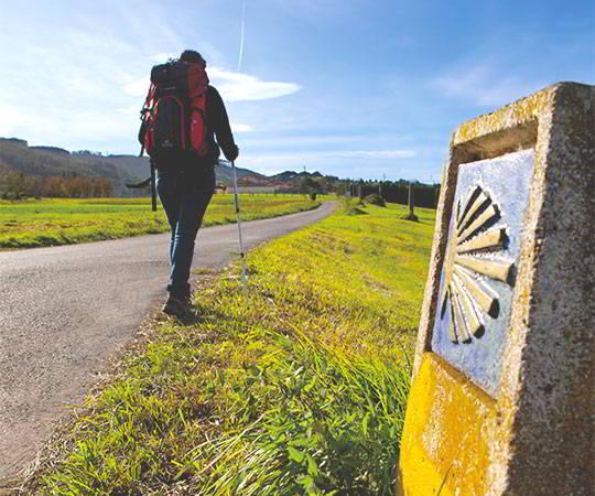 Close-up image of a signpost on the Camino de Santiago and a pilgrim walking.