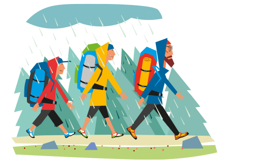 Image of a drawing of hikers in the rain.