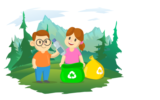 Image of a drawing of two children recycling rubbish in nature.