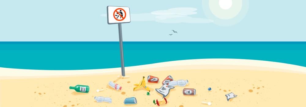 Image of a drawing of a beach with a lot of waste.