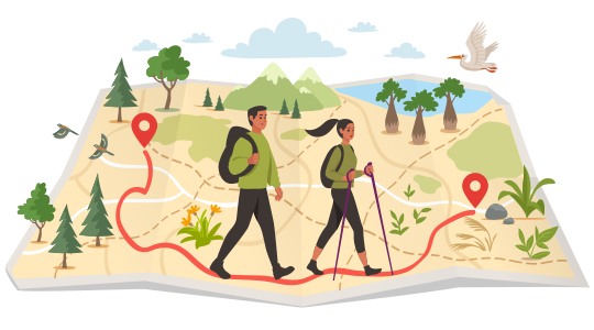 Image of a drawing of two hikers consulting a map.
