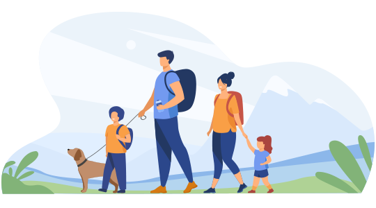 Image of a drawing of a family with two children and their dog in nature.